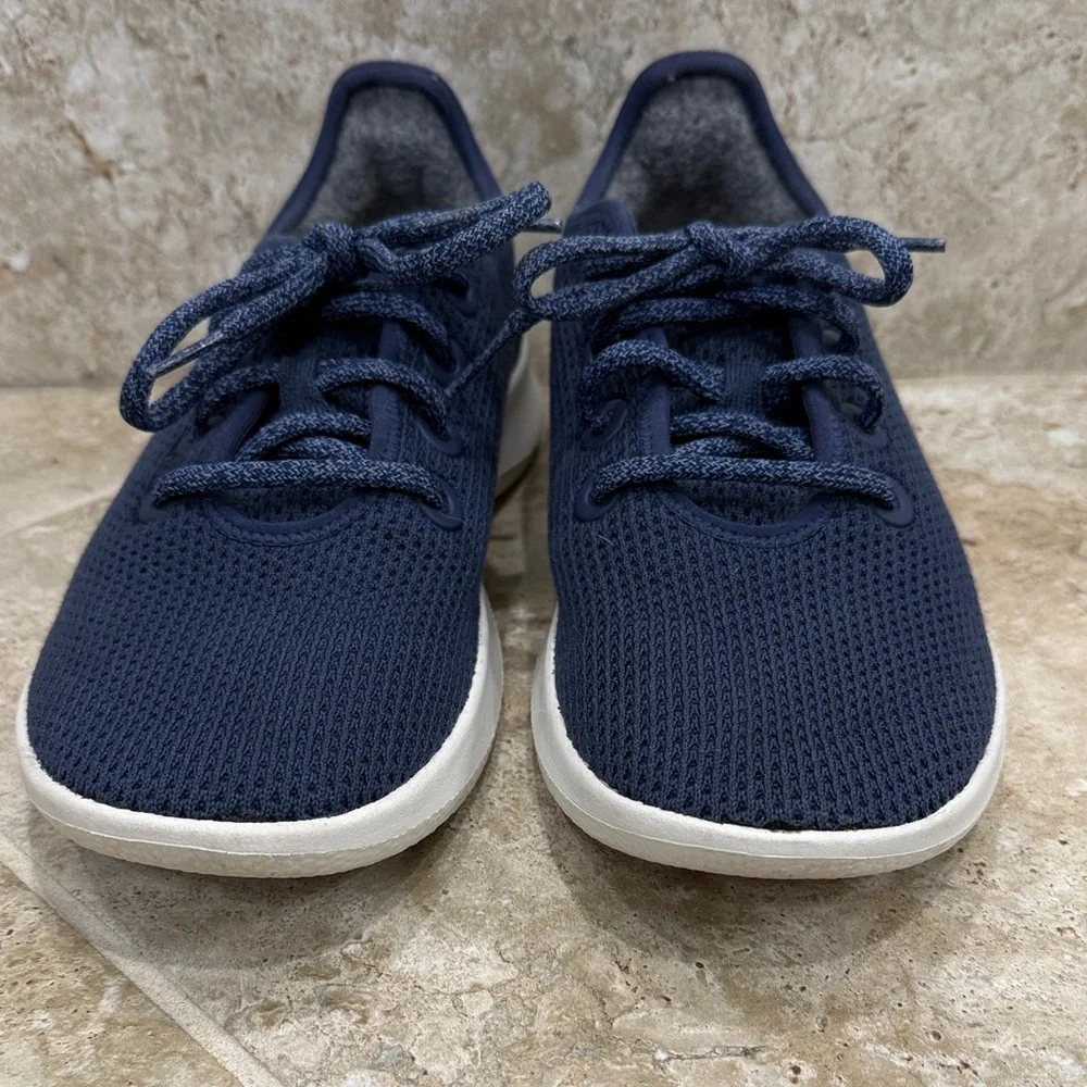 Allbirds Women's Navy Blue Mesh Sneakers with white soles. - Picture 5 of 6